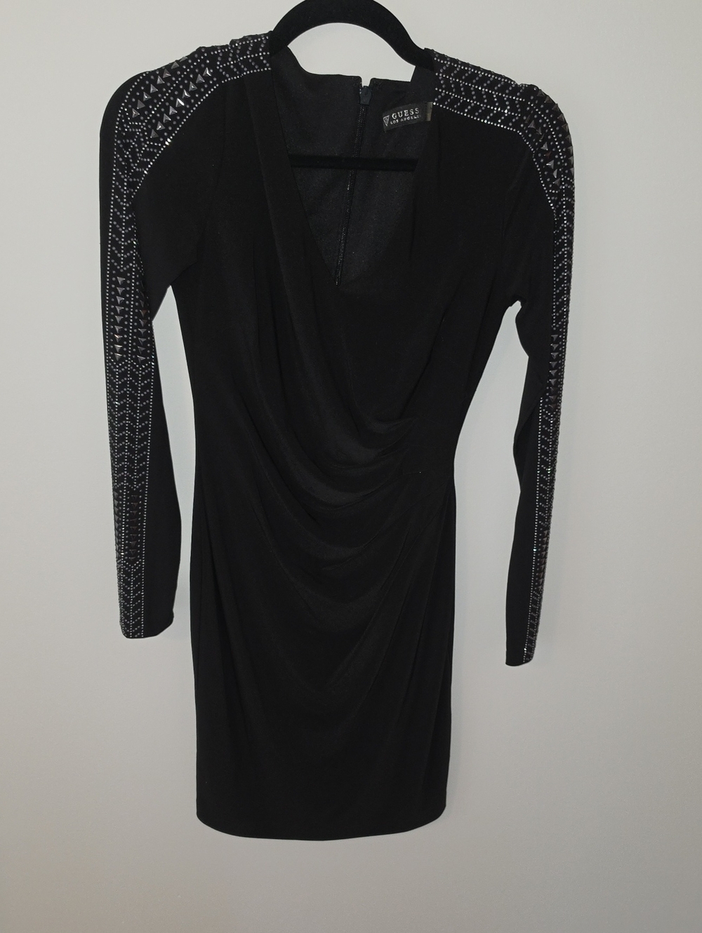GUESS Black Long-Sleeve Draped Dress with Rhinestone-Trim Shoulders